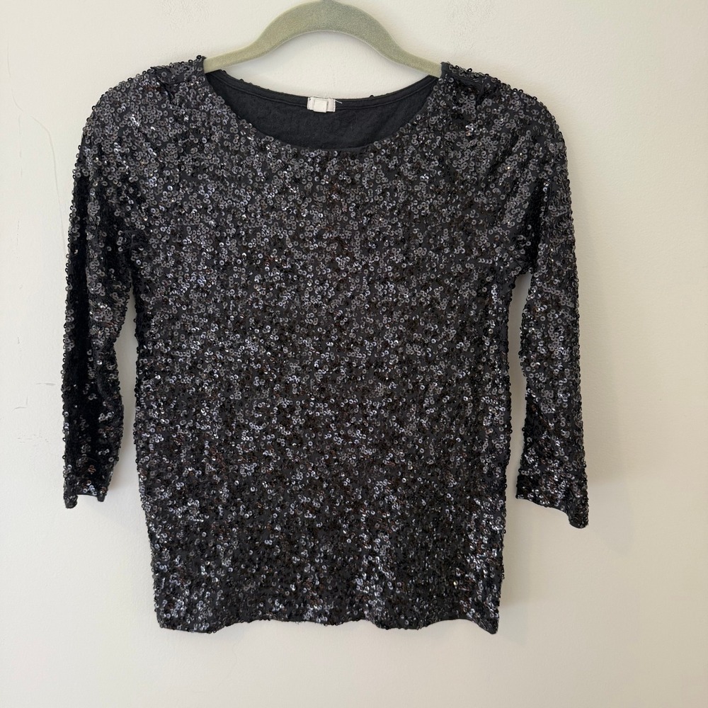 J. Crew Black Sequin Long Sleeve Top Womens XS Sparkle Party Glam Evening